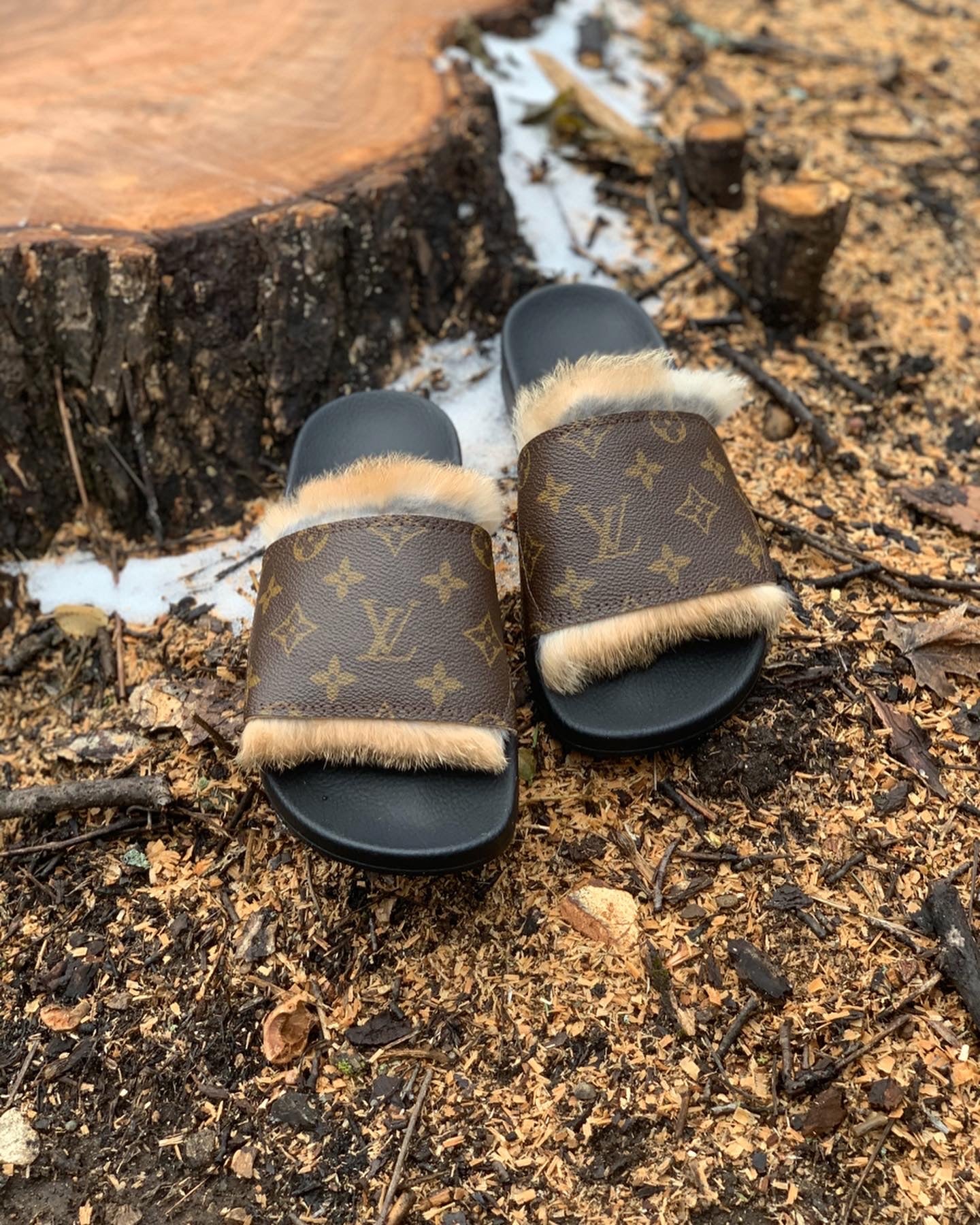 fur slides for women lv